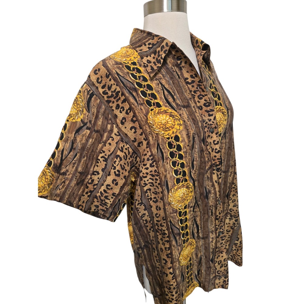 Vintage Express 100% Silk Leopard Baroque Chain Print Button Up Shirt Size Small